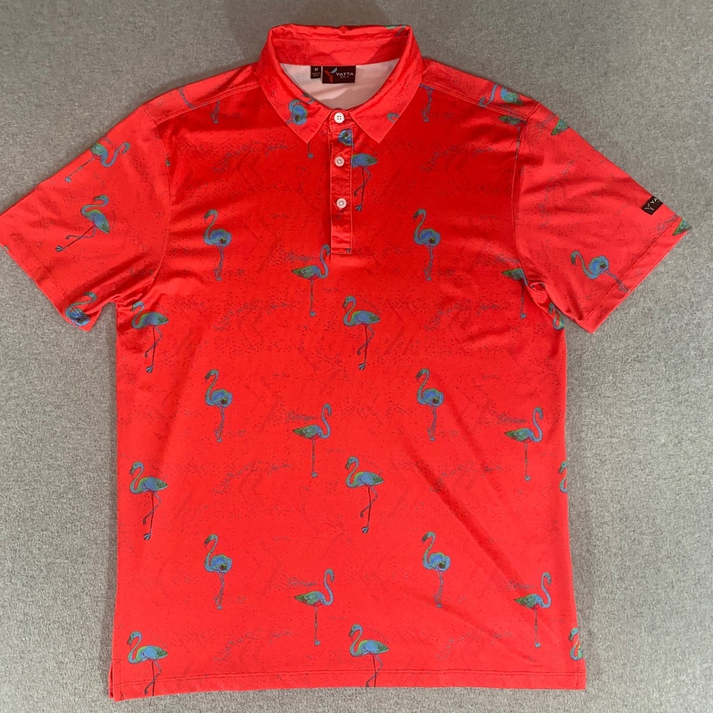 Yatta Golf Mens Flamingo Print Performance Polo Shirt Red Blue Size M